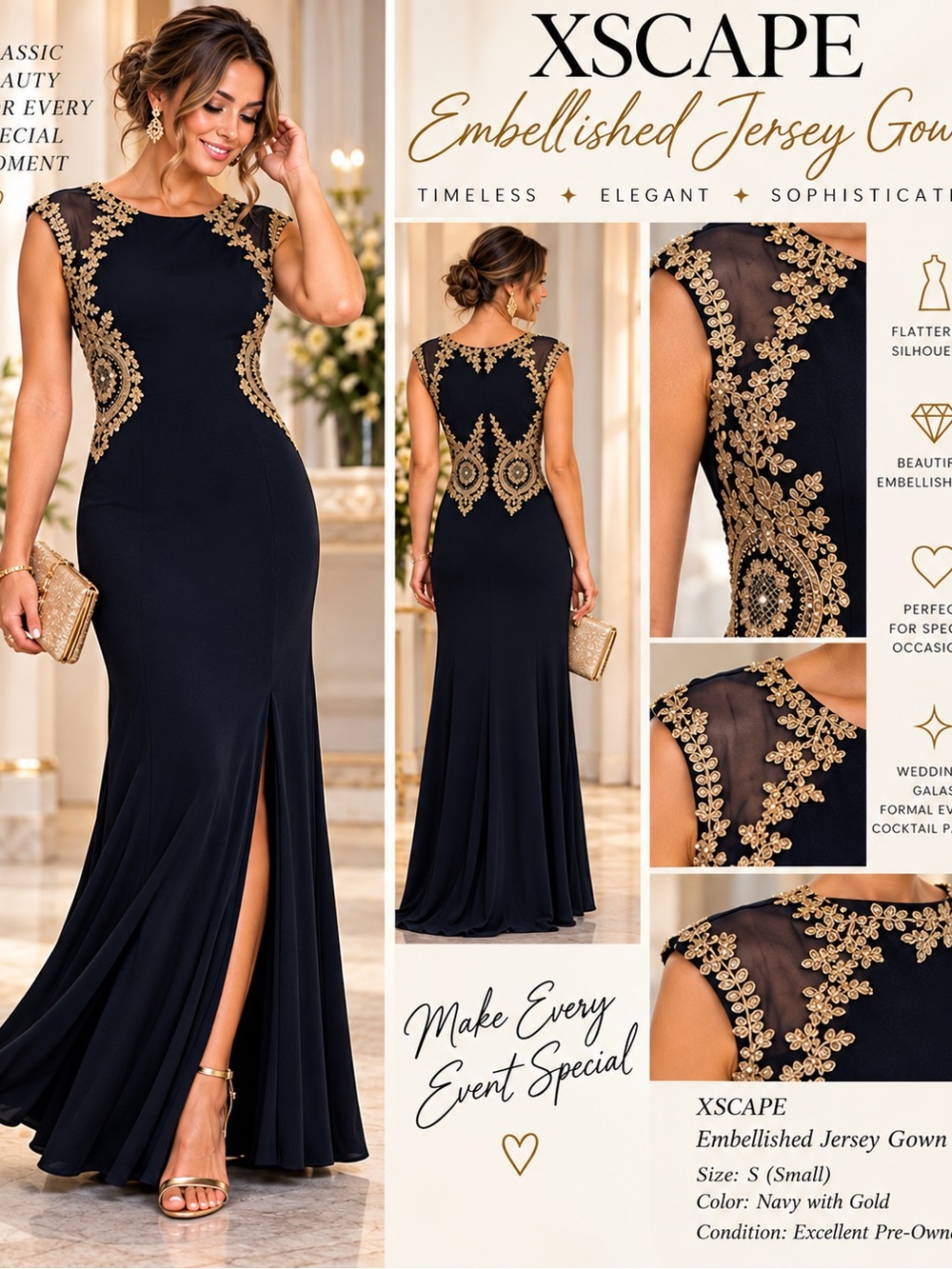 Xscape Navy Gown with Gold Embellished Accents